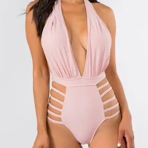 Elegant Pink Halter One-Piece Swimsuit